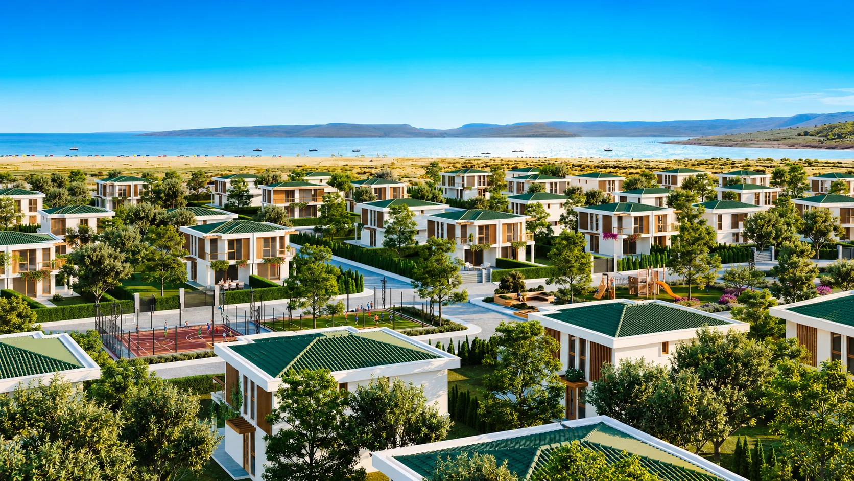 Nova Arsa Dikili villalarının Ege kıyısındaki panoramik gündüz görünümü