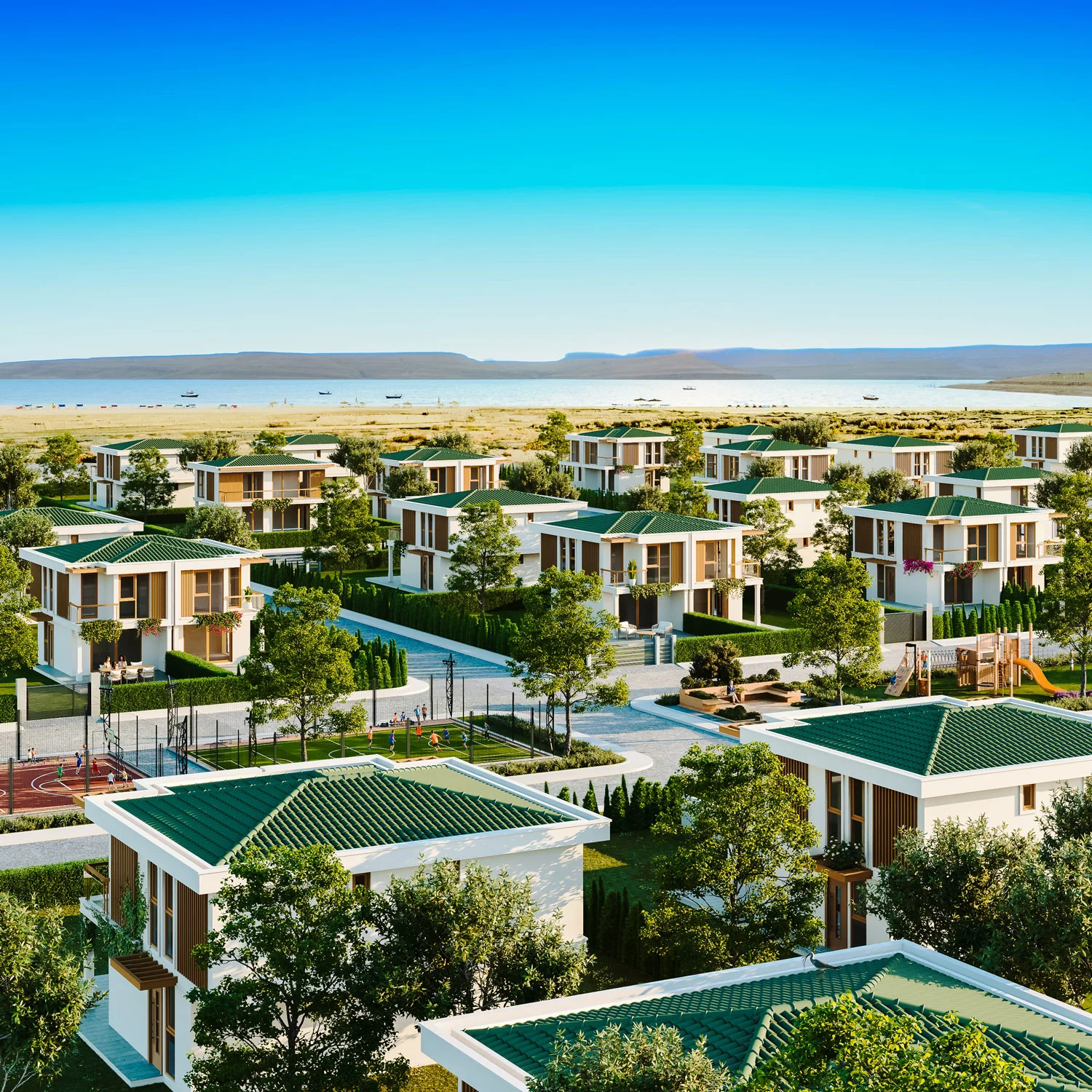 Dikili projesinde yeşil peyzaj, villalar ve deniz manzarası