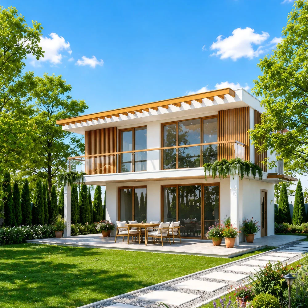 Doğal ahşap detaylı modern villa, teras ve yeşil bahçe